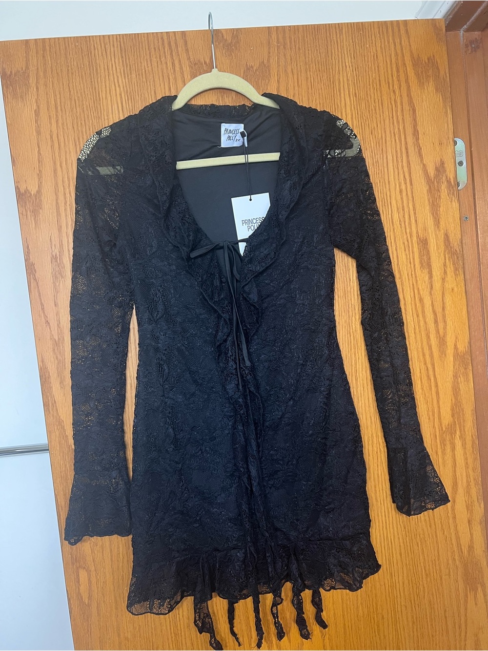 Princess Polly Black Lace Tie-Front Long Sleeve Mini Dress
